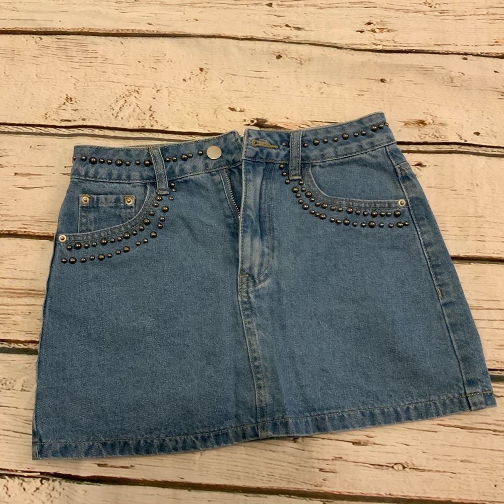 SHEIN XS Blue Studded Denim Skirt Mini Jean Skirt Punk Rock Festival Style